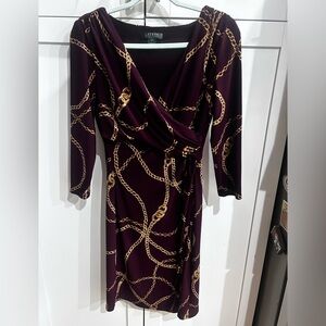 Ralph Lauren Purple Chain Print Long Sleeve Dress